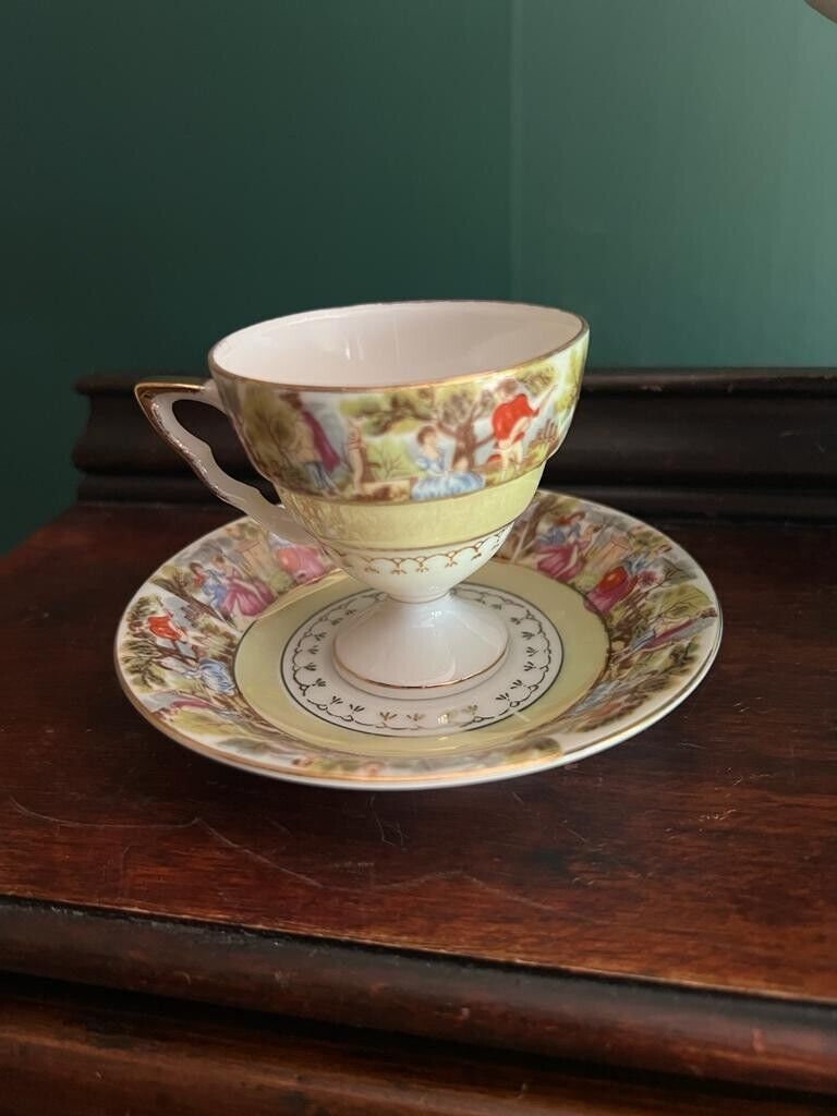 Vintage Porcelain Pedestal Cake Stand Demitasse Cup Saucer Set Floral Gold Trim Romantic Scene German China Shabby Chic Decoration Elegant