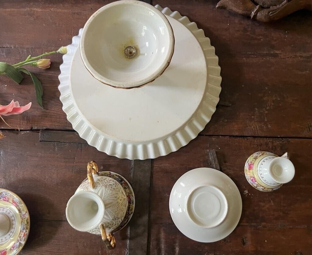 Vintage Porcelain Pedestal Cake Stand Demitasse Cup Saucer Set Floral Gold Trim Romantic Scene German China Shabby Chic Decoration Elegant