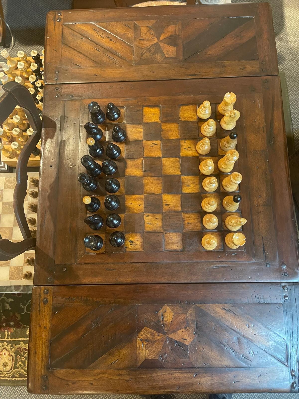 Antique Handcarved Walnut Chess Table, Backgammon Game by Theodore Alexander